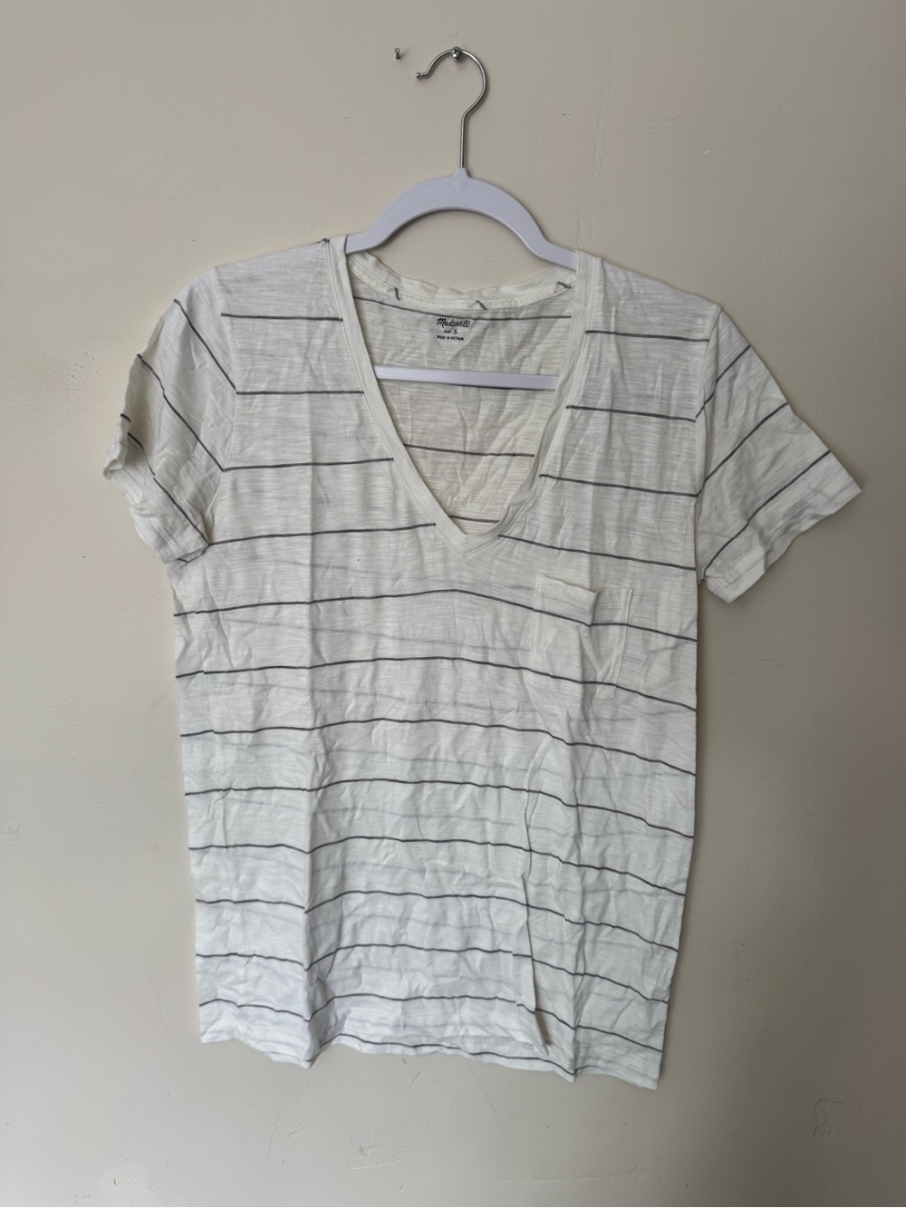 Madewell White and Black Striped V-Neck Pocket Tee